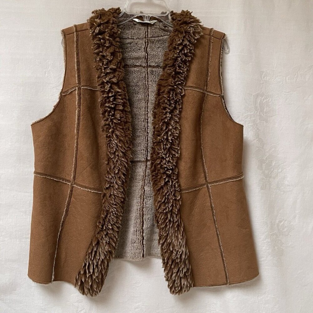 Orvis Vest Womens Large Brown Faux Suede‎ Fur Patchwork Boho Casual Natural